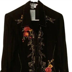 Studio X Womens Stunning Black Sheer Blouse Vibrant Embroidered Floral Front M